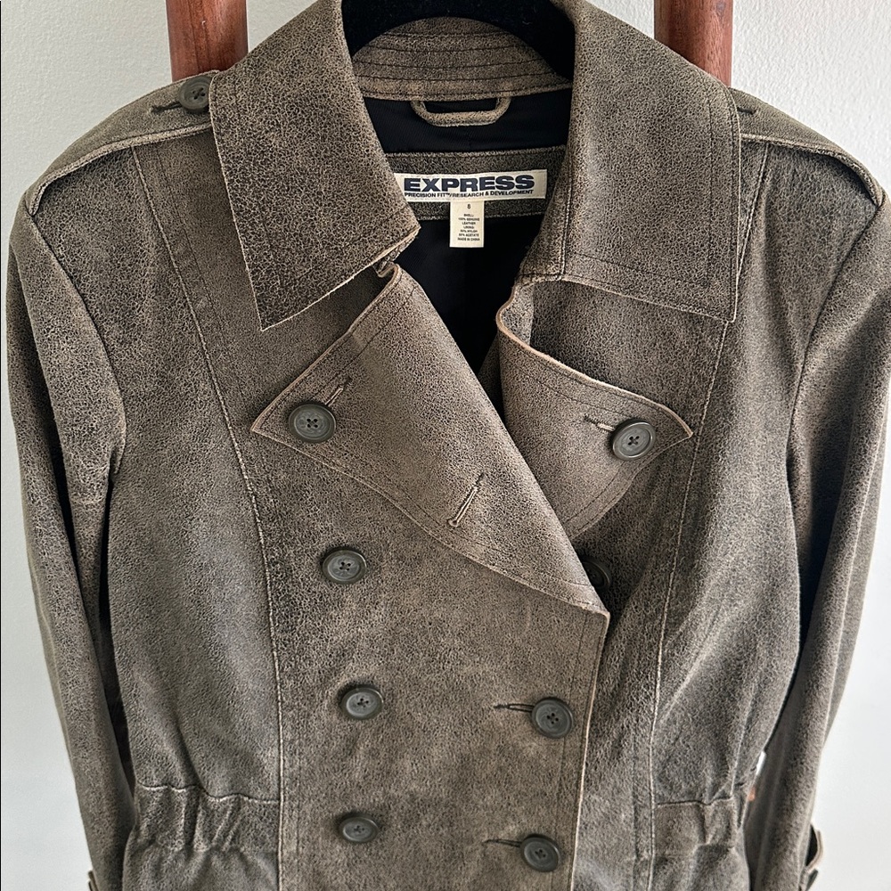 NWOT Vintage Express distressed brown leather double-breasted jacket - Picture 2 of 11